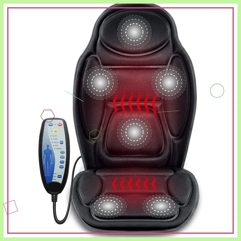 

Heated Back Massager Cushion with 6 Vibration Nodes, 2 Heat Levels for Home Office Chair, Black