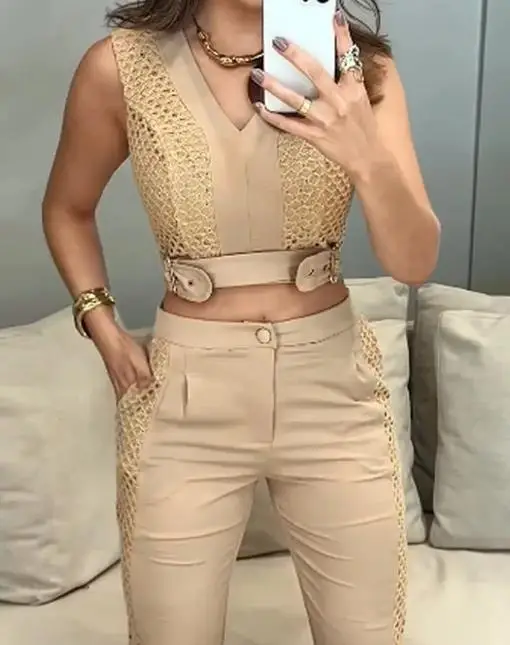 

Two Piece Set Women Outfit 2025 Spring Summer New Solid Color V-Neck Sleeveless Crop Vest & High Waist Pocket Design Pants Set
