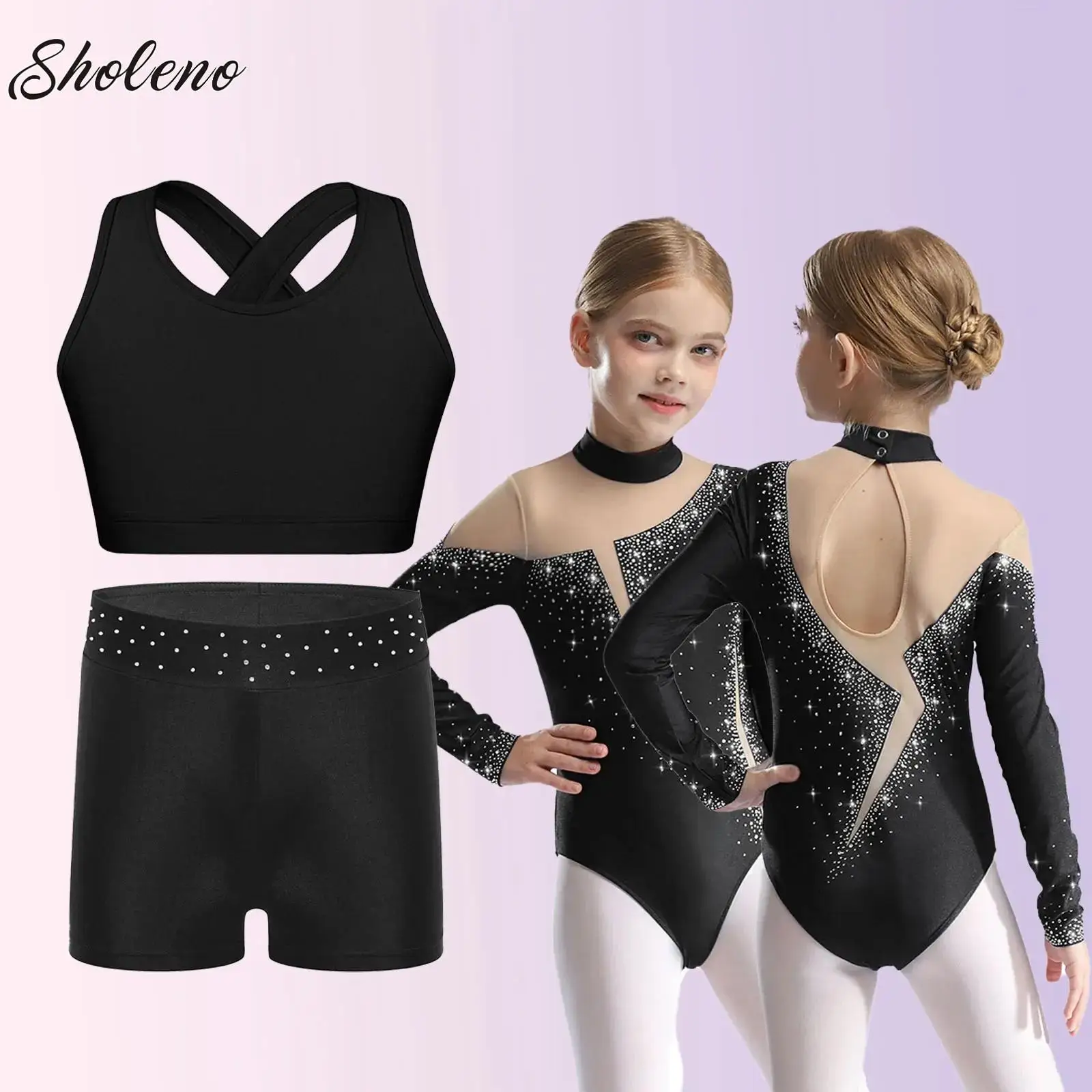 

3Pcs/Set Teen Long Sleeve Ballet Dance Outfits Gymnastics Leotards Jumpsuit+Vest+Shorts Dancewear Sets for Teen Yoga Unitard