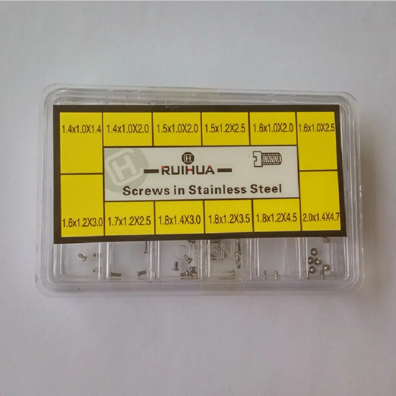 240 قطعة/صندوق 12-حجم واحد مشقوق الرأس الفولاذ المقاوم للصدأ ساعة الظهر المسمار تشكيلة صندوق لصانع الساعات ساعة حركة تحديد