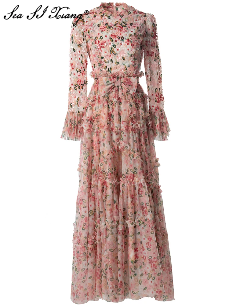 Seasixiang Fashion Designer Summer Sequins Mesh Dress Women's O-Neck Flare Sleeve Bow Floral Print Vintage Long Dresses