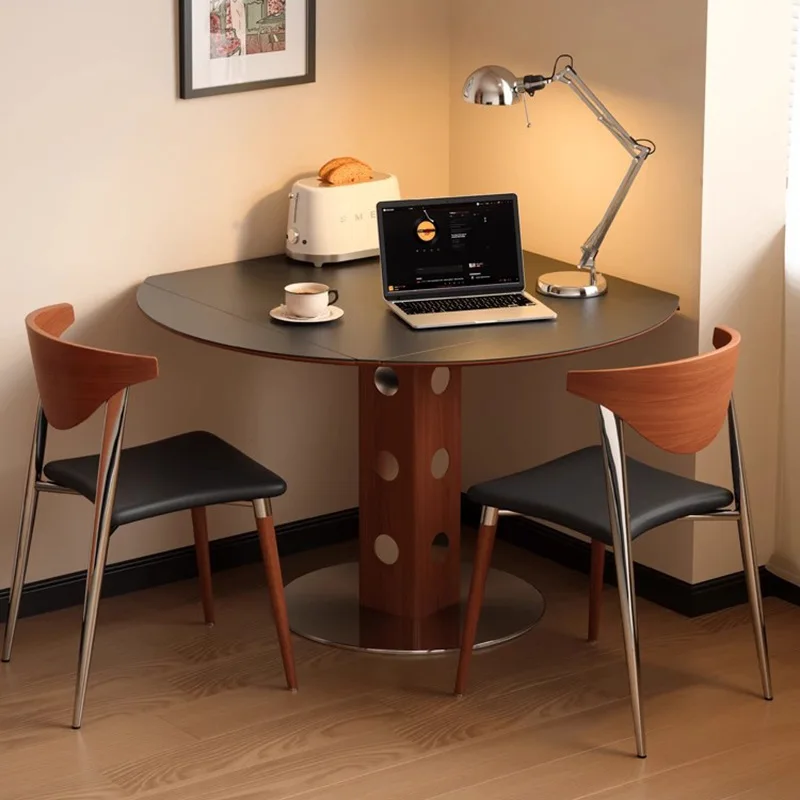 Foldable telescopic function dining table Small apartment square variable round table Square solid wood rock slab