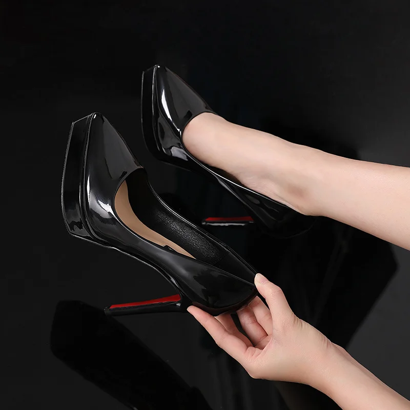 Women Pumps Brand 10CM 12CM Thin High Heels Black PU Slip On Pointed Toe Dress Office Career Party Wedding Waterproof Lady shoes