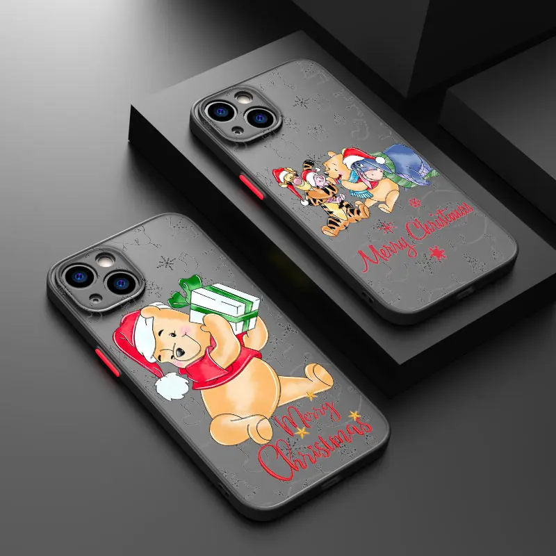 Merry Christmas Winnie Pooh For iPhone 15 14 13 12 11 Pro Max XS Max X XR 7 8 Plus 6S Frosted Translucent Funda Phone Case