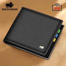 BISON DENIM Genuine Leather Men Wallets Brand Luxury RFID Bifold Wallet Zipper Coin Purse Business Card Holder Wallet N4470