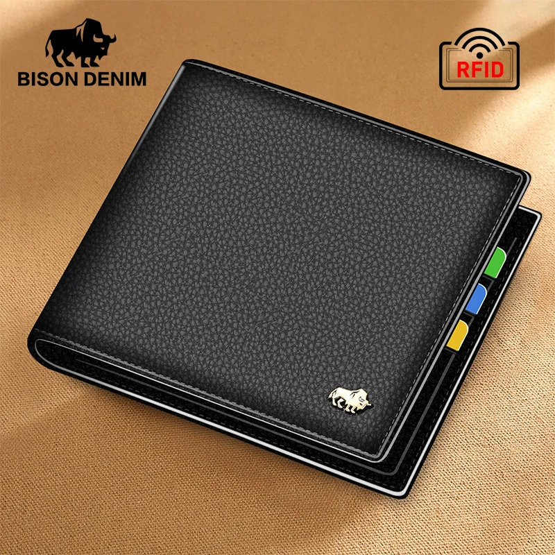 BISON DENIM oryginalne męskie portfele skórzane marki luksusowe RFID składany portfel zamek monety kiesy wizytownik na karty biznesowe portfel N4470