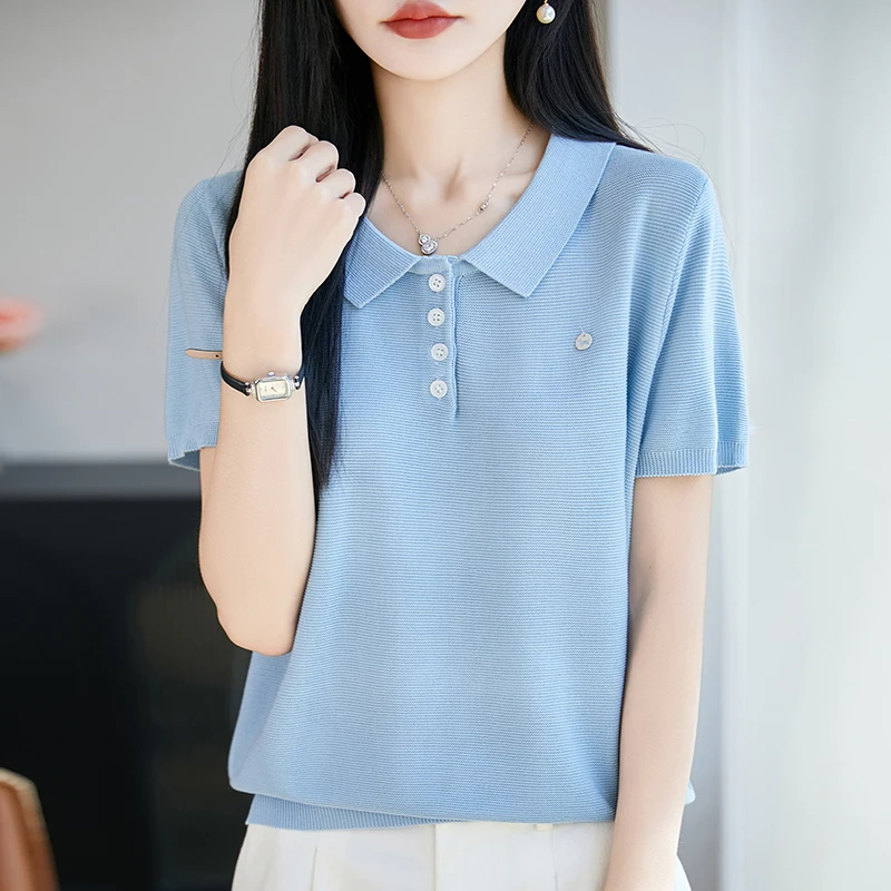 Women's POLO collar T-shirt summer Lyocell knitted short sleeved casual solid color pullover loose top fashionable hot sale