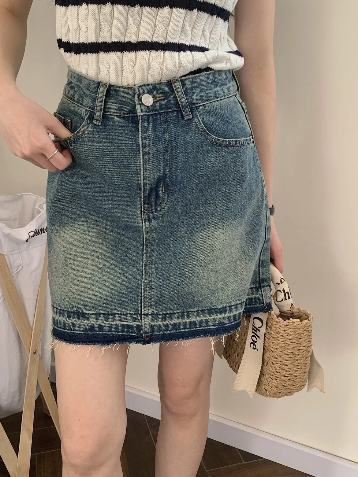 

Retro High Waist Slim Fit adient Denim ort Skirt Women's Waed A-Line Skirt LZoo Polka Dot Print Casual Skirt