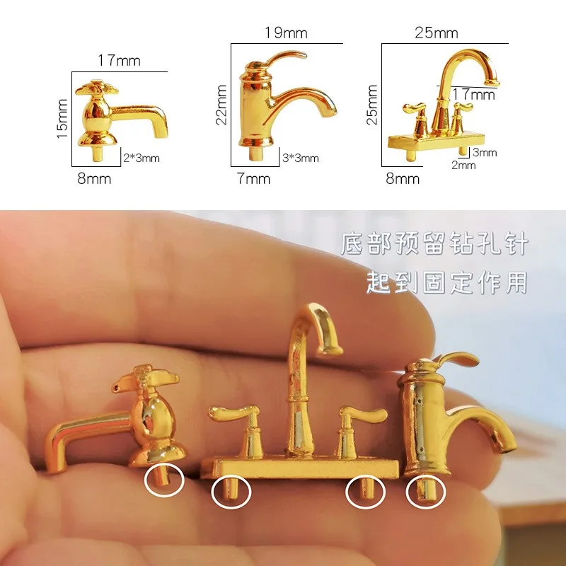 Dollhouse bathroom accessories, miniature shooting props, toy models, simulation, gold mini faucet
