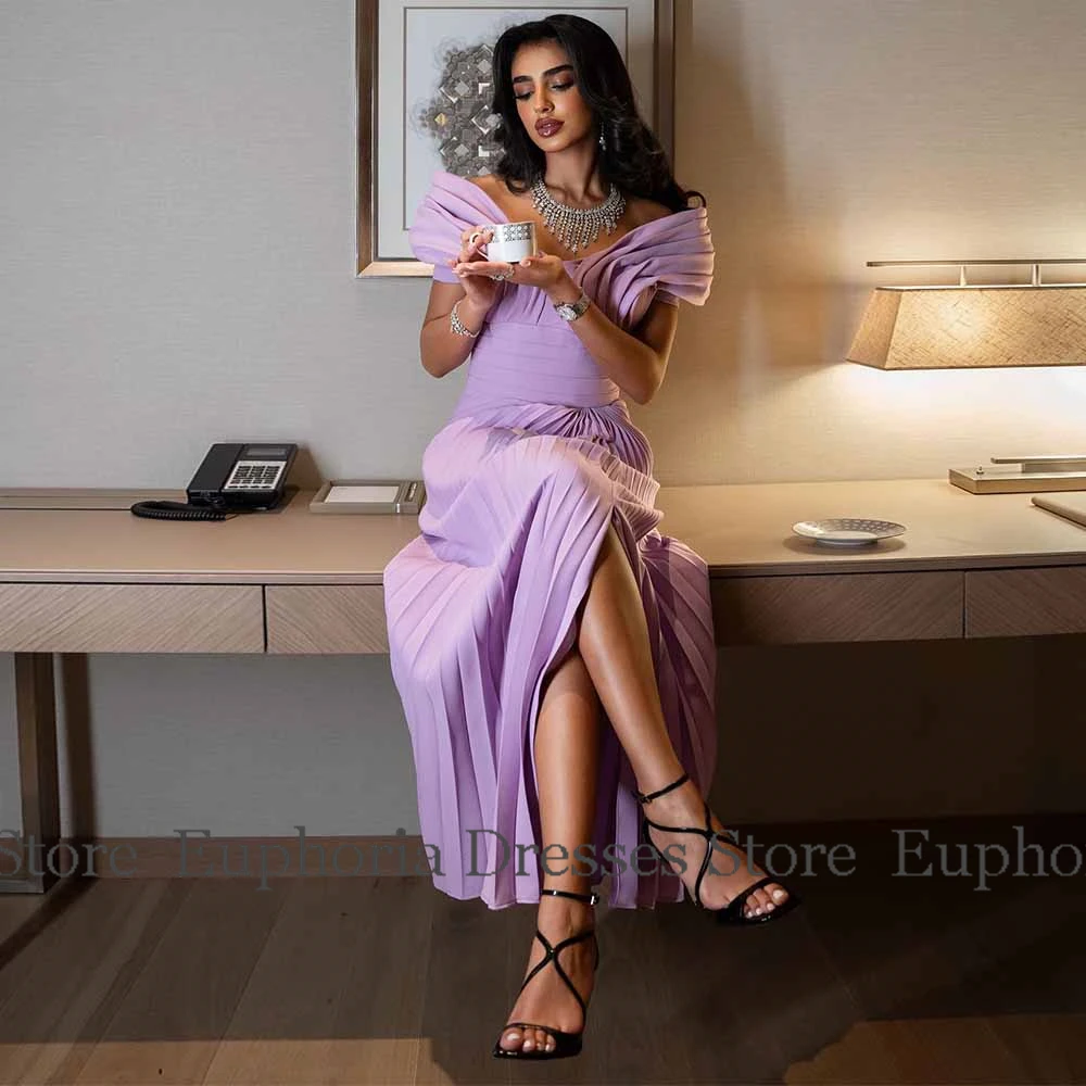 

Модные платья для выпускного вечера для женщин, трикотажное платье на день рождения, лавандовое женское вечернее платье с открытыми плечами и рюшами по бокам