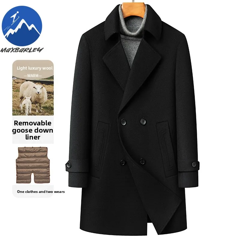

Maxbarley Winter New Wool Jacket Luxurious Outdoor Work Warm Long Wool Coat Detachable Goose Down Lining Double Breasted Coats