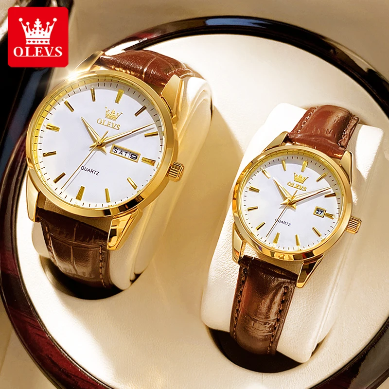 OLEVS 6898 Couple Luxury Quartz Movement Watch Sports Shock-resistant Calendar Leather Luminous Function Waterproof Wristwatches