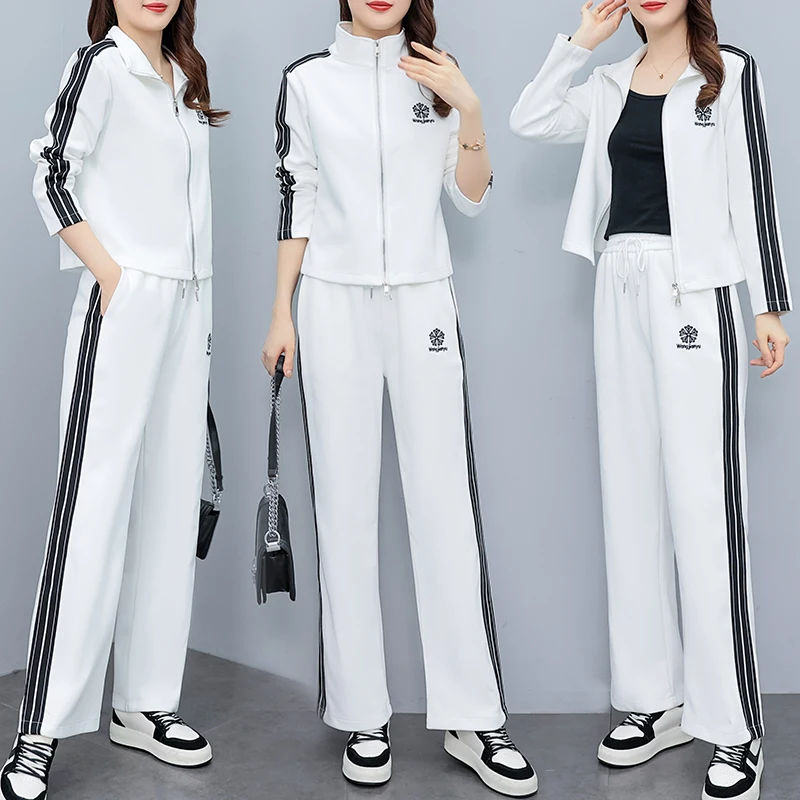 Plus Size 4XL Tracksuit For Women Spring Casual Two Piece Set Jacket Top And Pants Black White Sport Outwear Matching Outfits