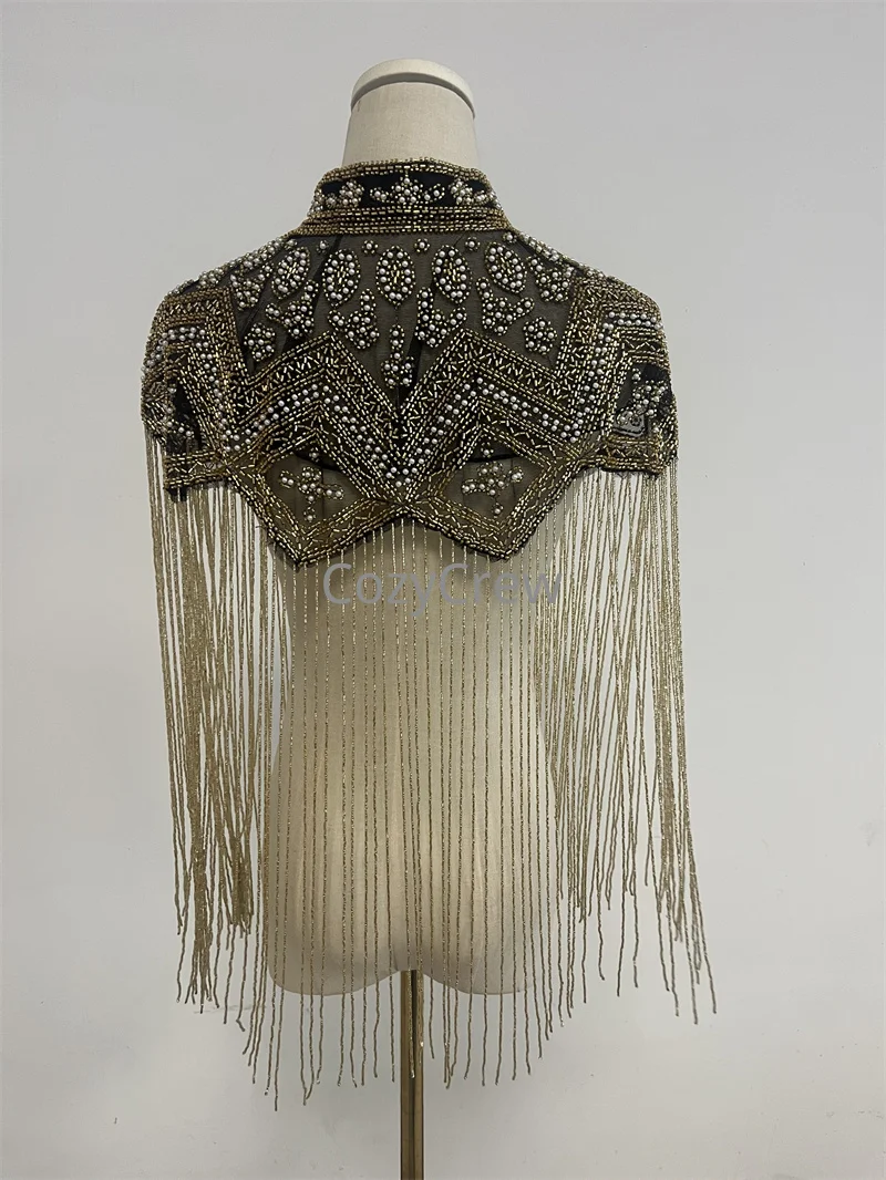 Retro Luxury Sequin Beaded Fringe Tassel Short Shrug Jacket, Women Elegant Formal Bolero Cape Shawl Wrap Sequined Evening Wrap - view 3