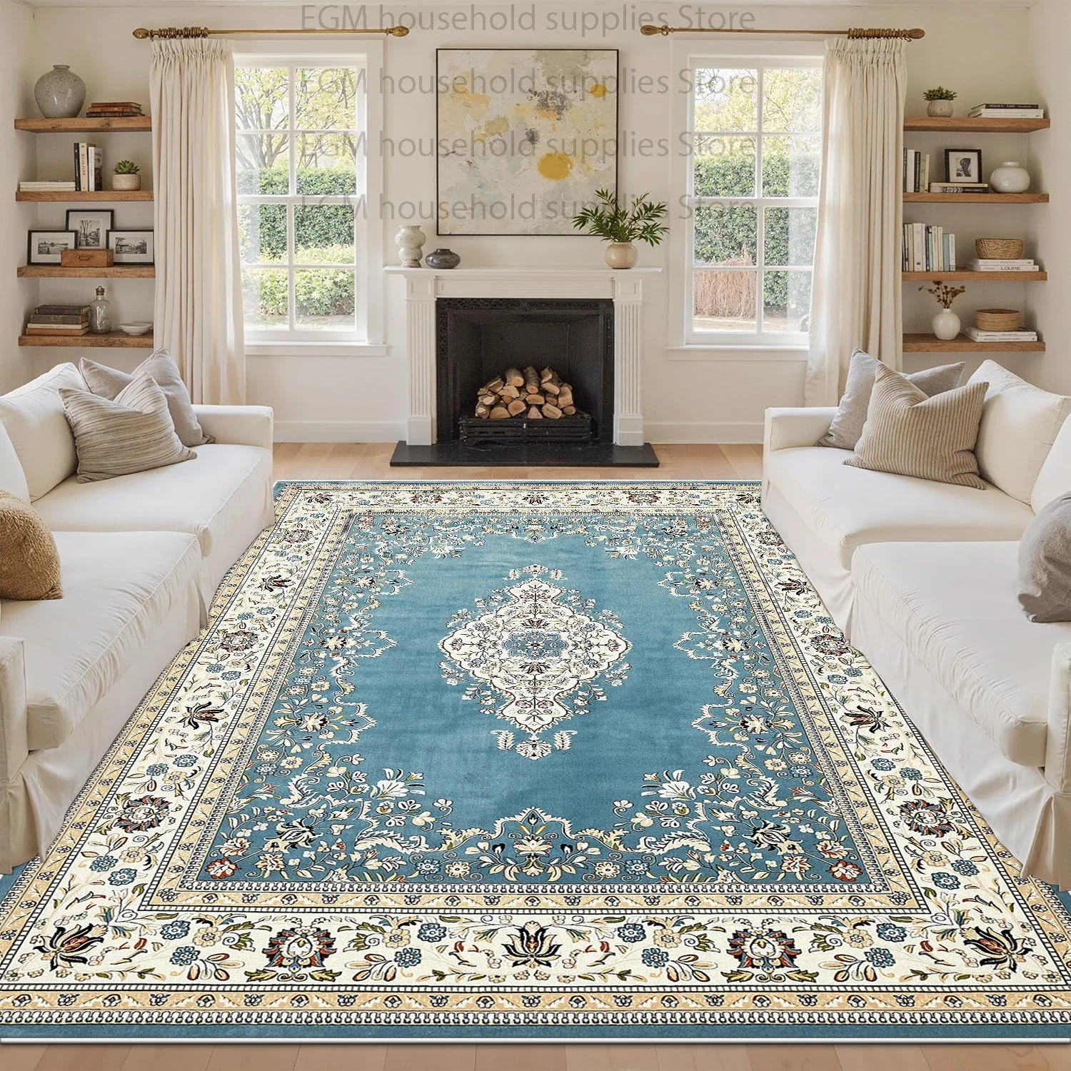 Retro Persian Cream Blue Carpet Large Living Room Washable Non-Slip Bedroom Bedside Area Rugs Decor Household Lounge Floor Mat
