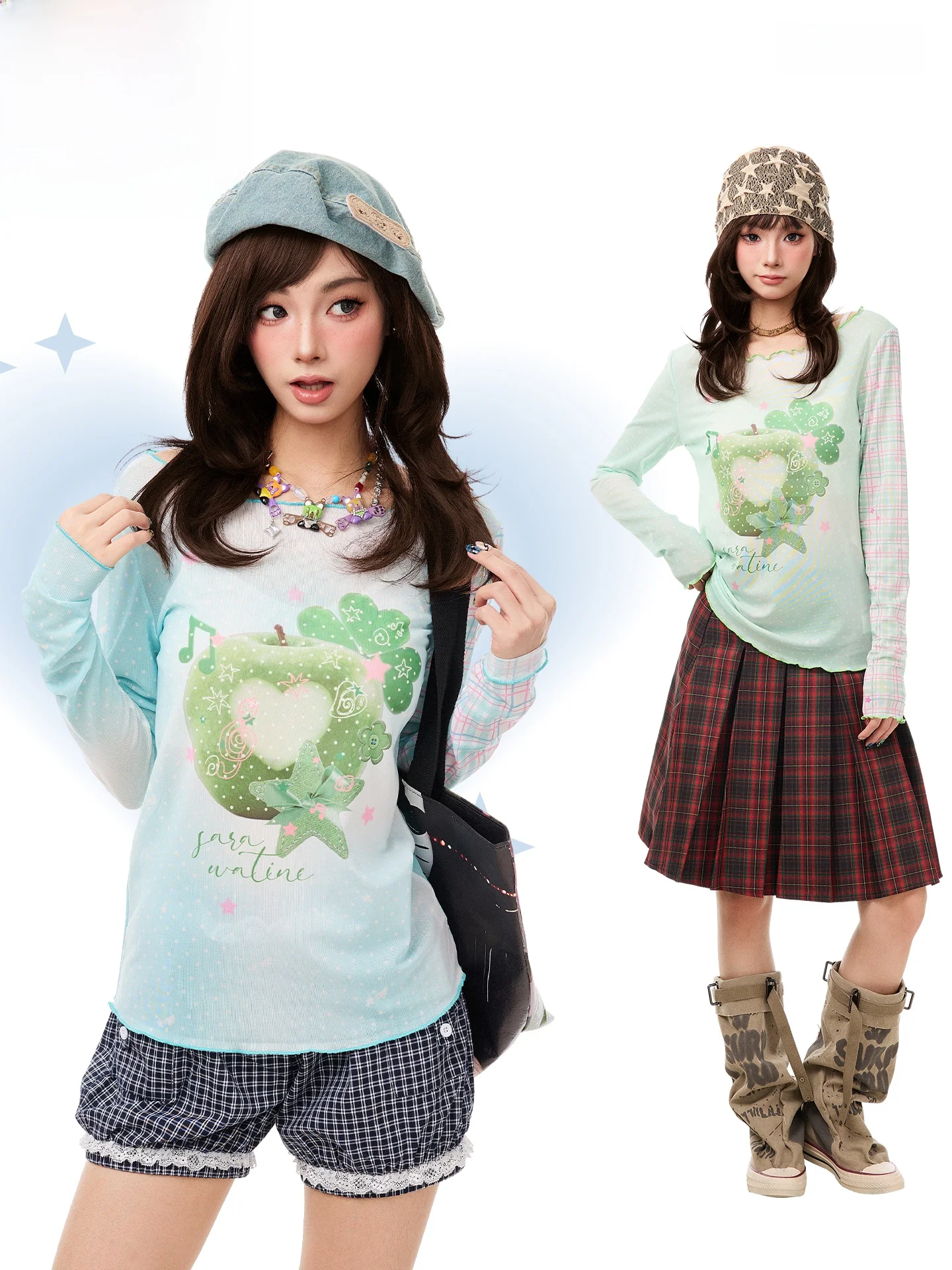 PBB Summer Vacation Style Long Sleeve  Print T-Shirt Women's Flounce Casual Anti-Aging Y2K Top Loose Fit Creative Pattern