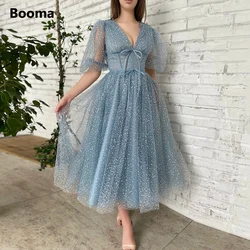 Booma Blue Dotted Tulle Midi Prom Dresses V-Neck Half Puff Sleeves Tea-Length A-Line Wedding Party Dresses Formal Evening Gowns