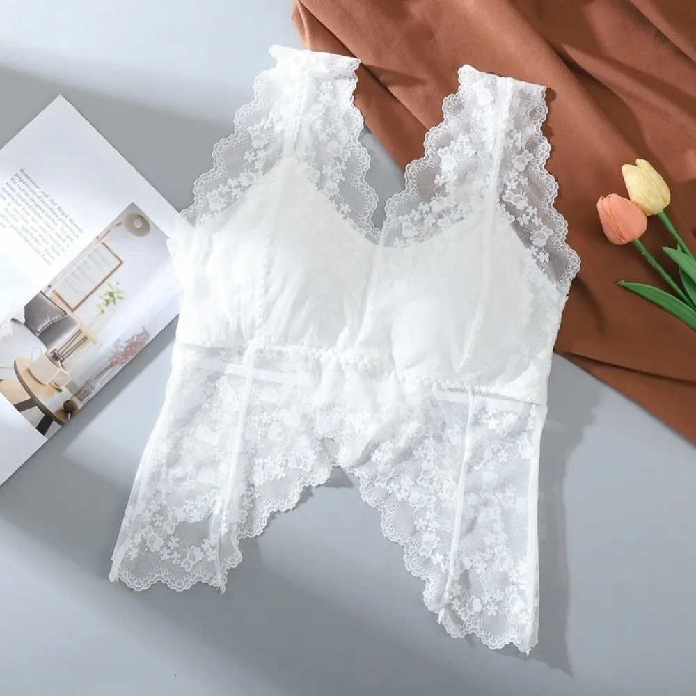 Fashion Hollow Lace Camisole V Neck Transparent Lace Corset Tanks Ruffled Butterfly Undershirt Vest Spring Summer