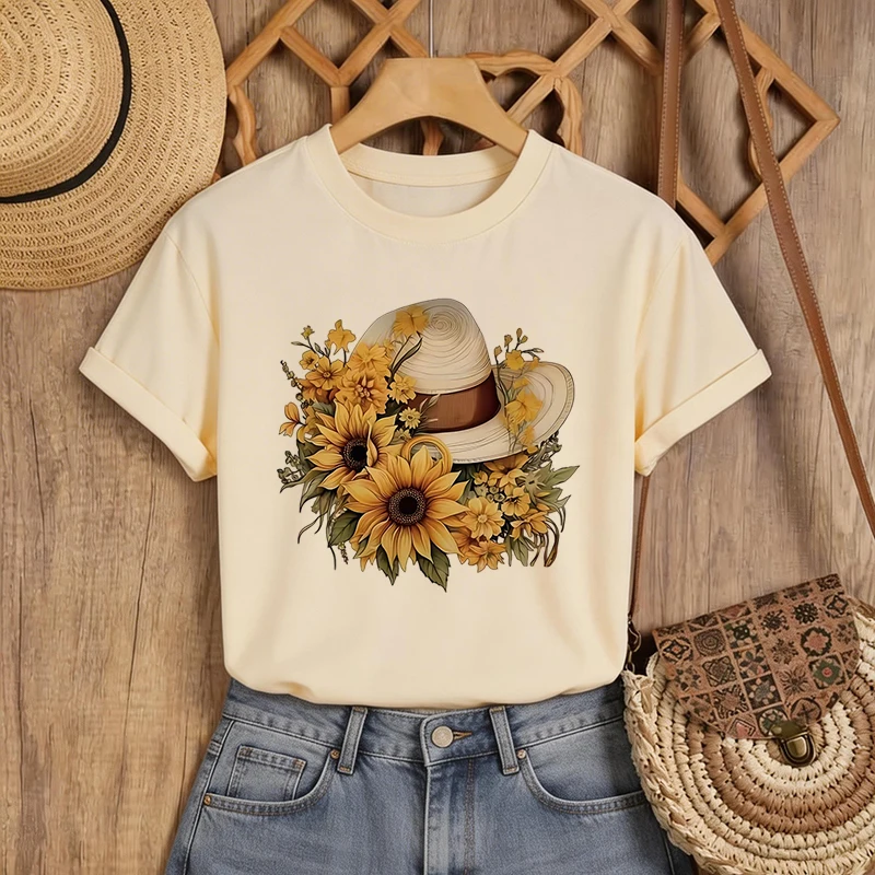 

Summer Round Neck Short Sleeve T Shirt with Artistic Floral and Snake Light Beige Graphic Print Women's Y2K Casual Tops T-Shirt