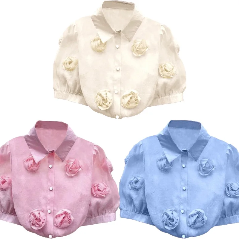 

Женская летняя блузка 2026: Новинка, с 3D цветами, пышными короткими рукавами, свободная, удобная, повседневная рубашка