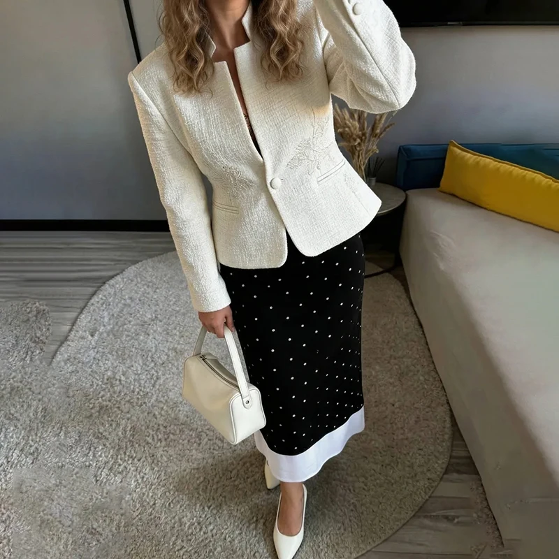 Tornova Elegant Polka-Dot Skirt Women's Slim Contrast Splice High Waist Long Skirt 2026 Spring Summer Sexy Slit Banquet Skirt