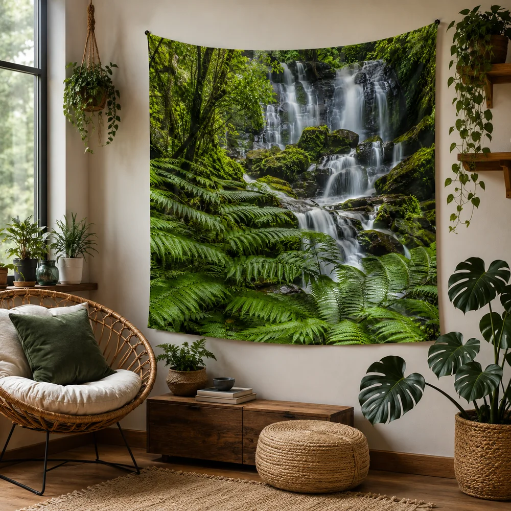 Lush Green Forest Stream Tapestry, Nature River Wall Hanging for Calm Relaxing Home Vibe