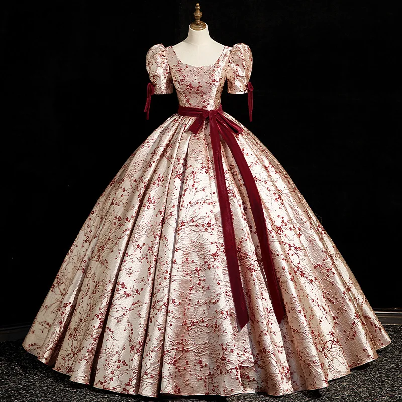 

Burgundy Satin Printing Scoop Neck Prom Dress 2024 Short Sleeves Evening Party Gown for Women vestidos de noche with Belt
