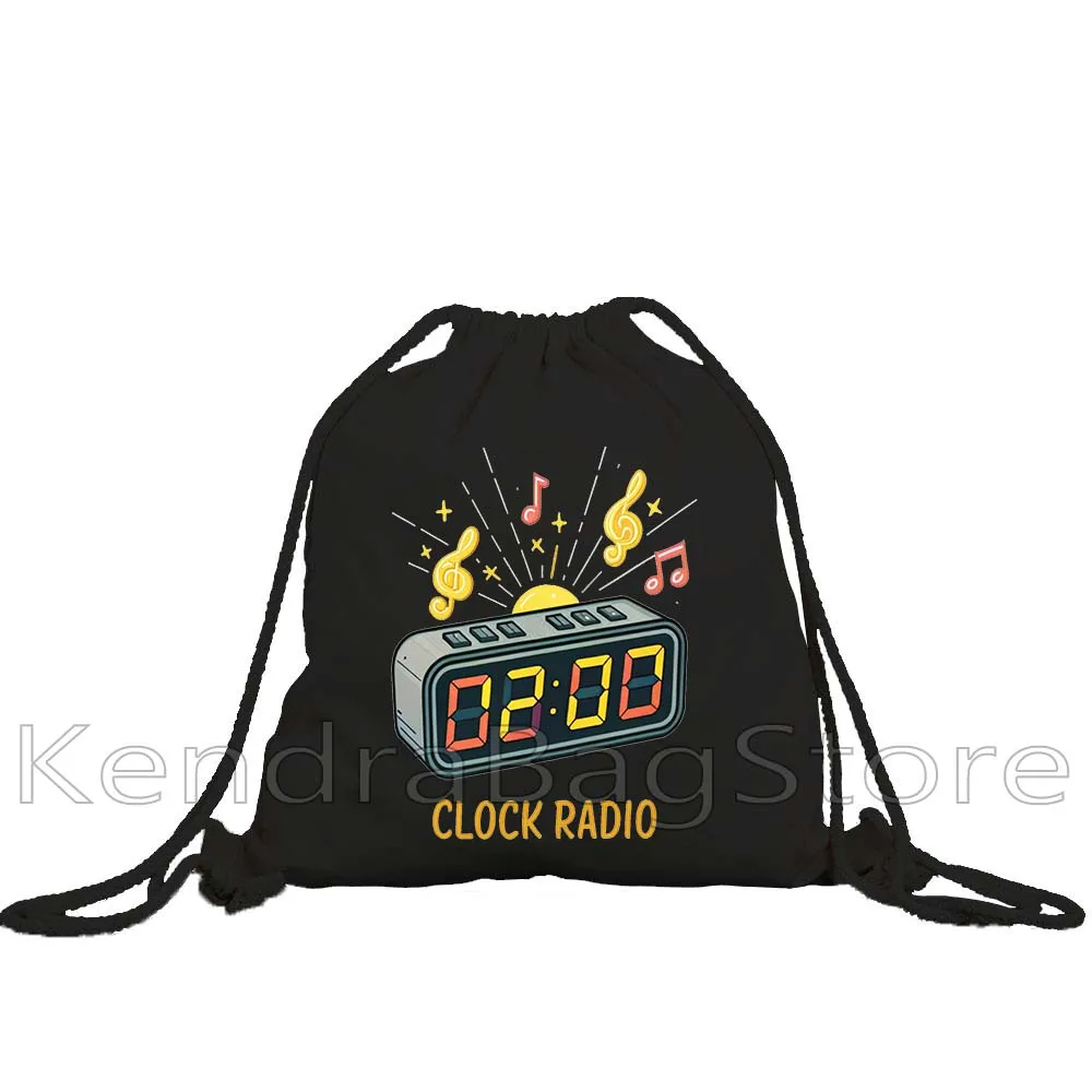 Cute Clock Radio Print Perfect Gifts For Everyone Canvas Drawstring Backpack Bags Sports Gym Sackpack String Bag for Yoga Hiking