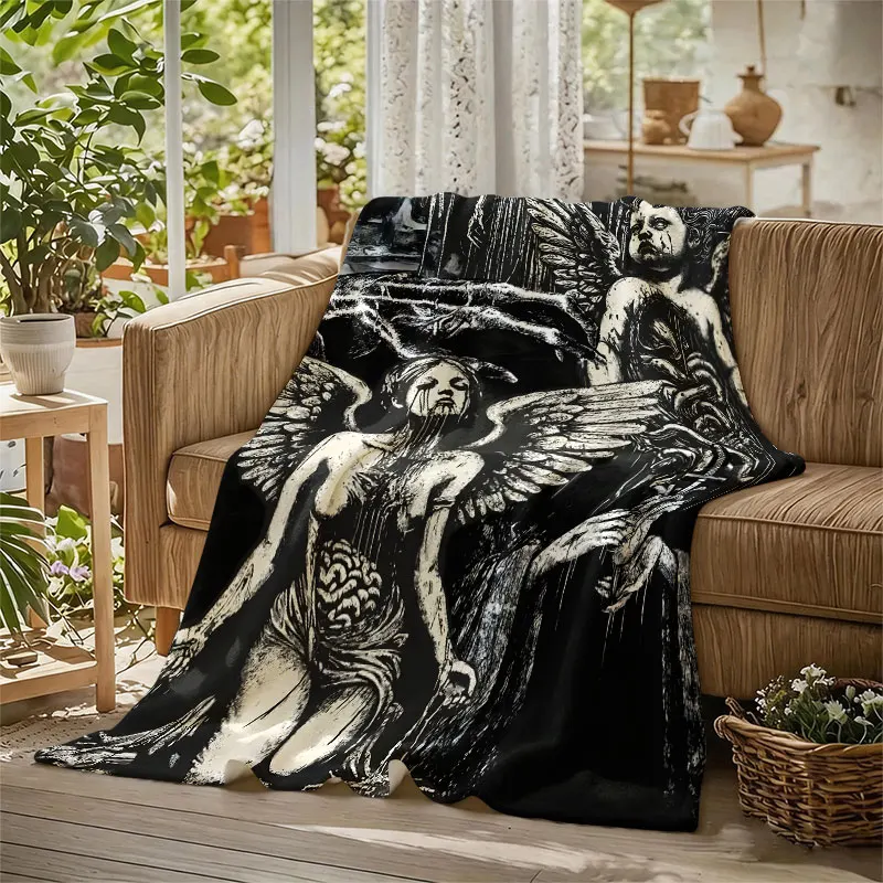 Dark Gothic Angels Black Flannel Blanket Perfect for Sofa Office Bed Travel Sleep Read Relax Camping Four Season Use