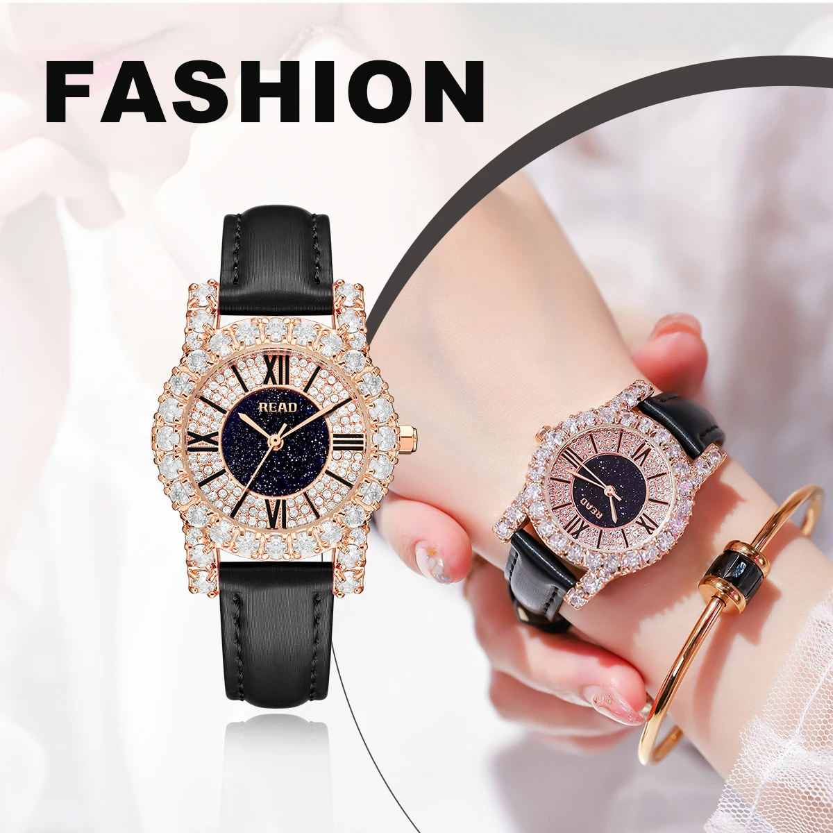 READ Ladies Quartz Watch | Rose Gold‑Tone Case | Black PU Band | Star‑Spark Dial | Decor Bezel | 30M Daily Water Resistant
