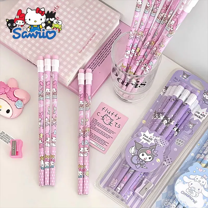 Sanrio kuromi 12 pçs lápis cinnamoroll melodia conjunto de papelaria 12 lápis 1 rolo de lápis escrita desenho material escolar presente