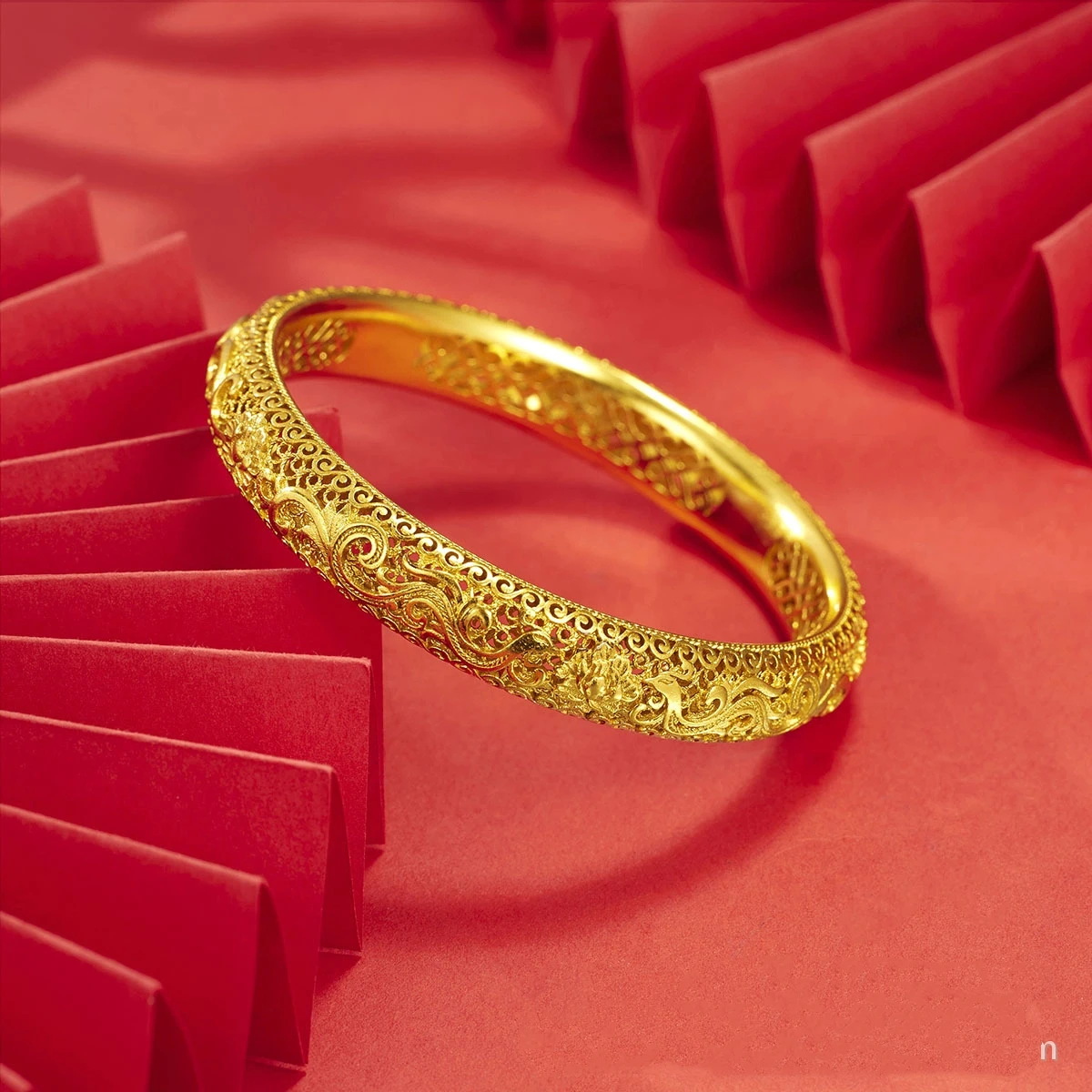 

Bride wedding 9999 24K real gold filigree hollow bracelet women's retro light luxury bracelet bracelet