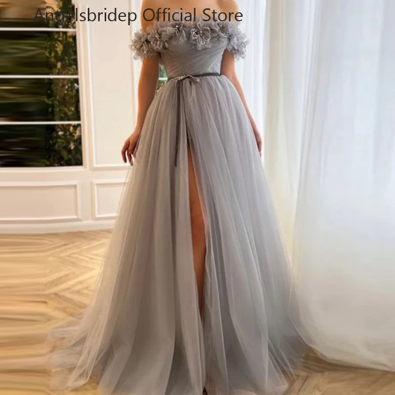 

Angelsbridep Gery Slit Tulle Prom Dresses Off Shoulder With Bow 3D Flowers A-Line Party Gowns Vestidos De Noche Robes De Soirée