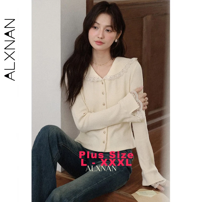 

ALXNAN вязаный кардиган больших размеров, кремово-желтый кружевной строчка, джемперы с длинными рукавами, осень 2022, облегающие повседневные женские топы D12903