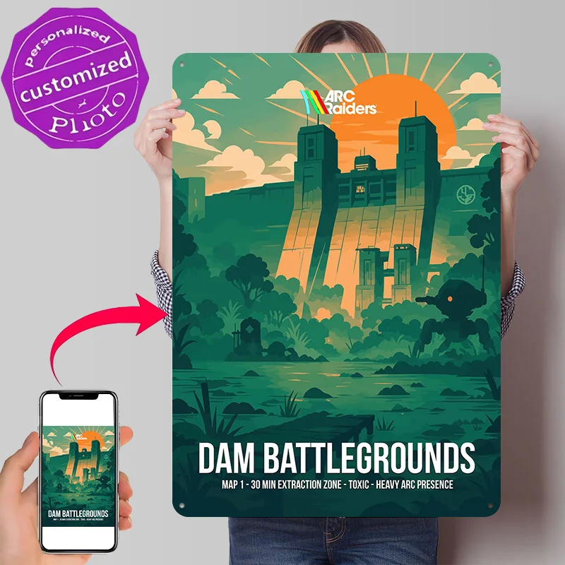 Arc Raiders Dam Battlegrounds Poster Retro 3D Printed Metal Signs Customized Wall Hanging Gift for Office Decor Room Tin Sign