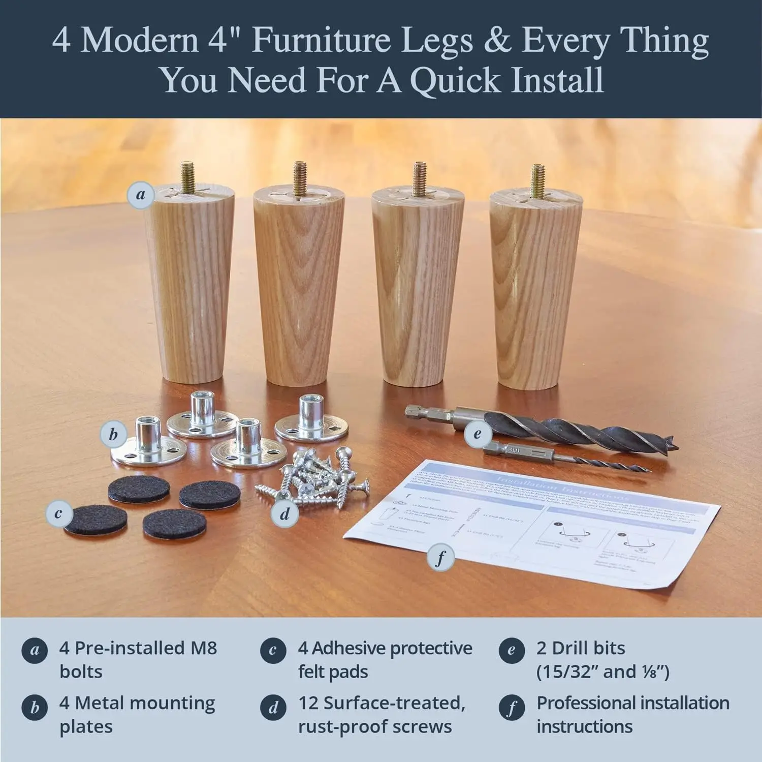 أرجل الأثاث الخشبية الفاخرة (مجموعة التثبيت الكاملة) - اختر حجم ولونك