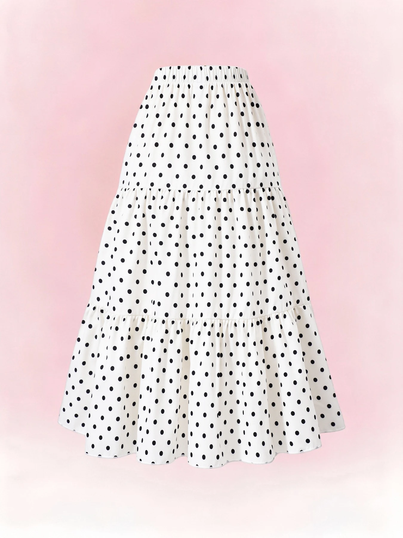Women White Black Polka Dot Tiered Cake Maxi Skirt Elastic Waist Ruffle Flowy Long Skirt Summer Casual A-Line Midi Skirts