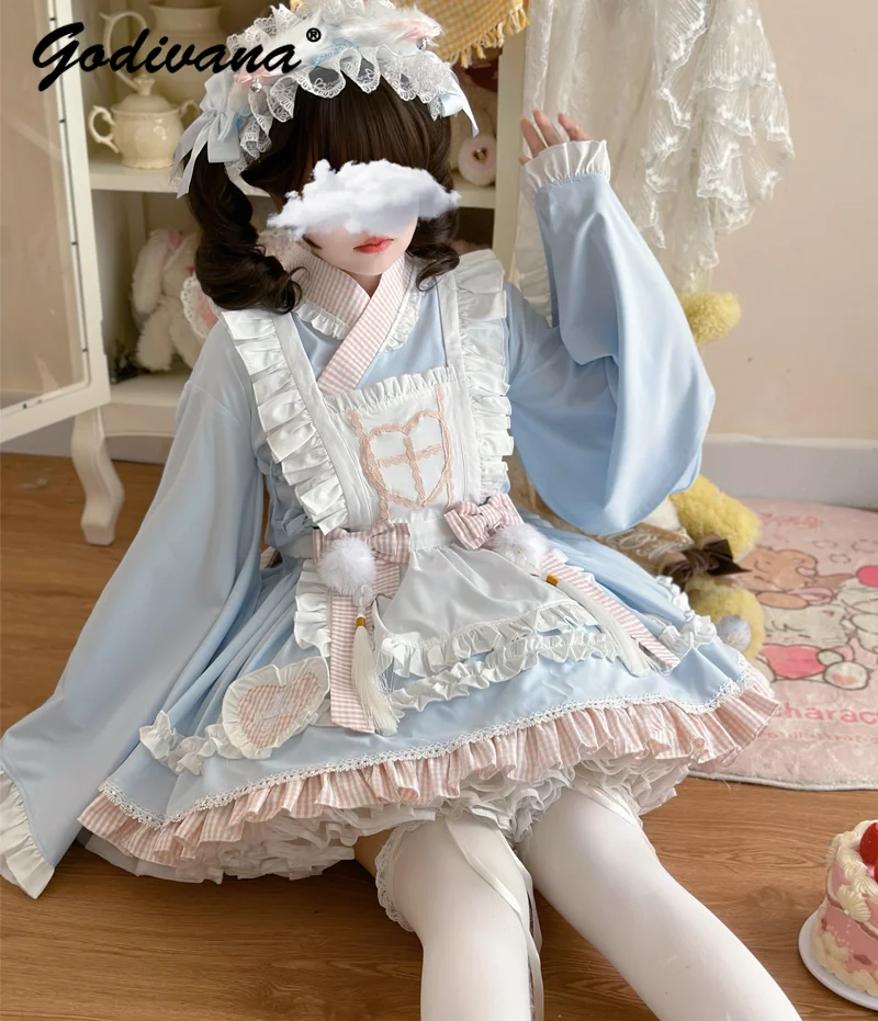 Lolita Dress Set New Spring and Summer Sweet Cute Girl Women\'s Japanese Maid Long Sleeve Top Apron and Skirt Cosplay Clothes Set