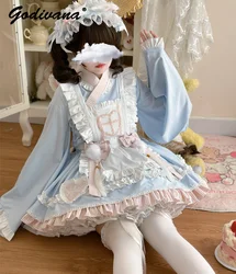 Lolita Dress Set New Spring and Summer Sweet Cute Girl Women's Japanese Maid Long Sleeve Top Apron and Skirt Cosplay Clothes Set