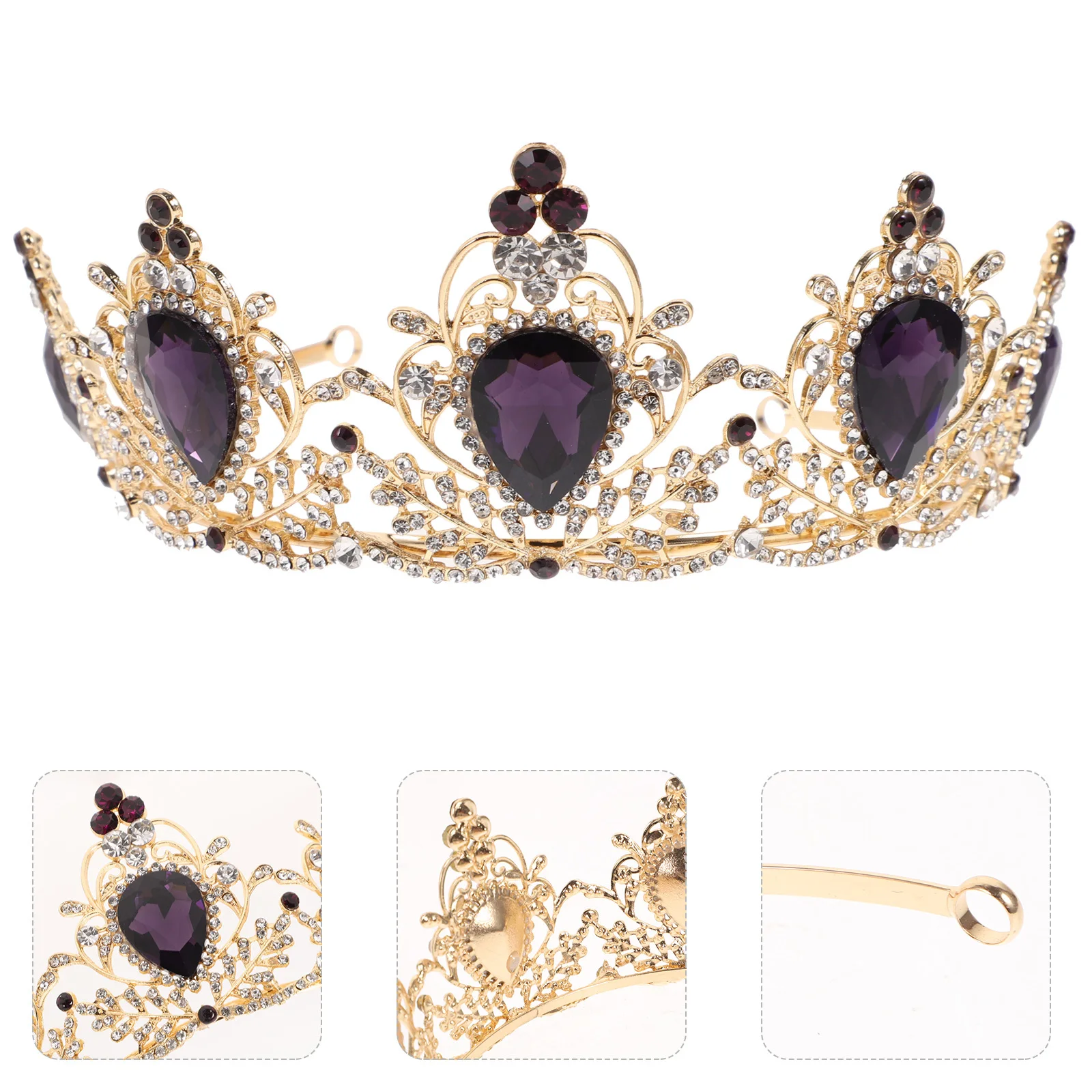

Baroque Crown Retro Women Wedding Hair Purple Gold Rhinestone Bridal Adult Tiara Decorative Accessory Elegant Brightness