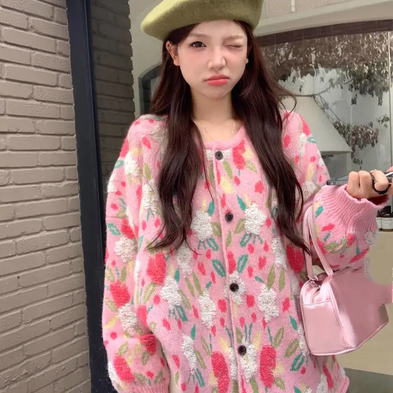 

Princess Round Neck Flower Cardigan Young Girl Fashion Sweet Loose Knitted Sweater Coat Y2K Spring Autumn Clothes Wear Outside