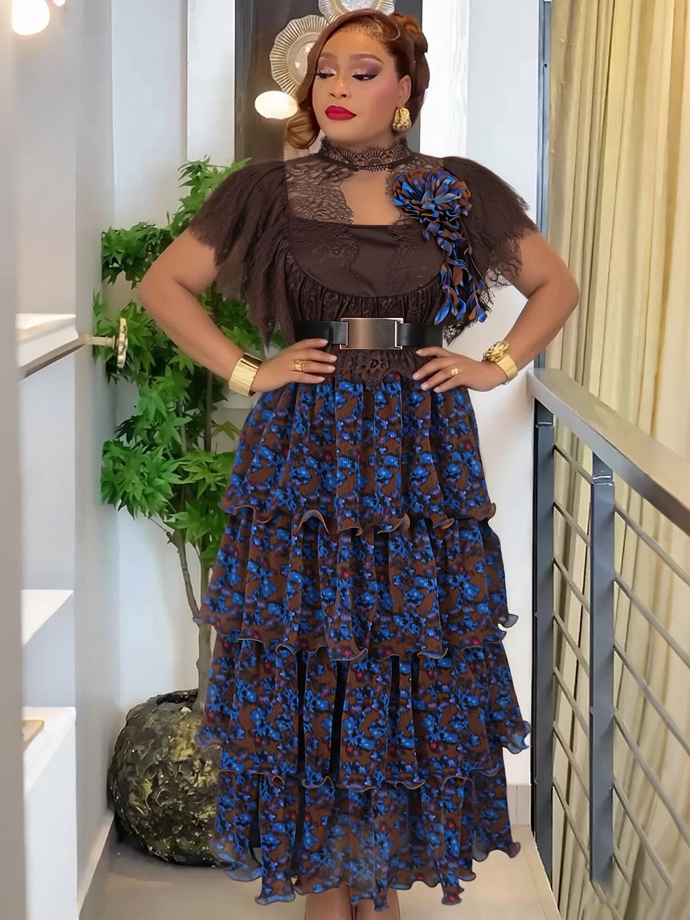 Elegant Women Chiffon Dresses Wedding Party Evening Gown Dashiki Print Pleated Maxi Dress Birthday Clothes African Turkey Robes