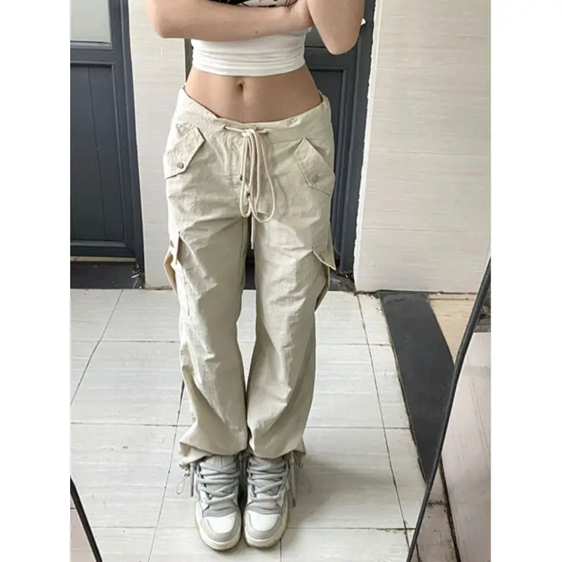 American Spicy Girls Straight Leg Strap Work Pants Women Summer 150cm Petite girls High Waist Relaxed and casual Wide leg pants