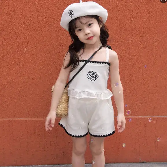 Children's Sets Floral Embroidered Strappy Top + Shorts 2-Piece Set Summer Kids Clothes Girls Kids Clothes Girl Clothes