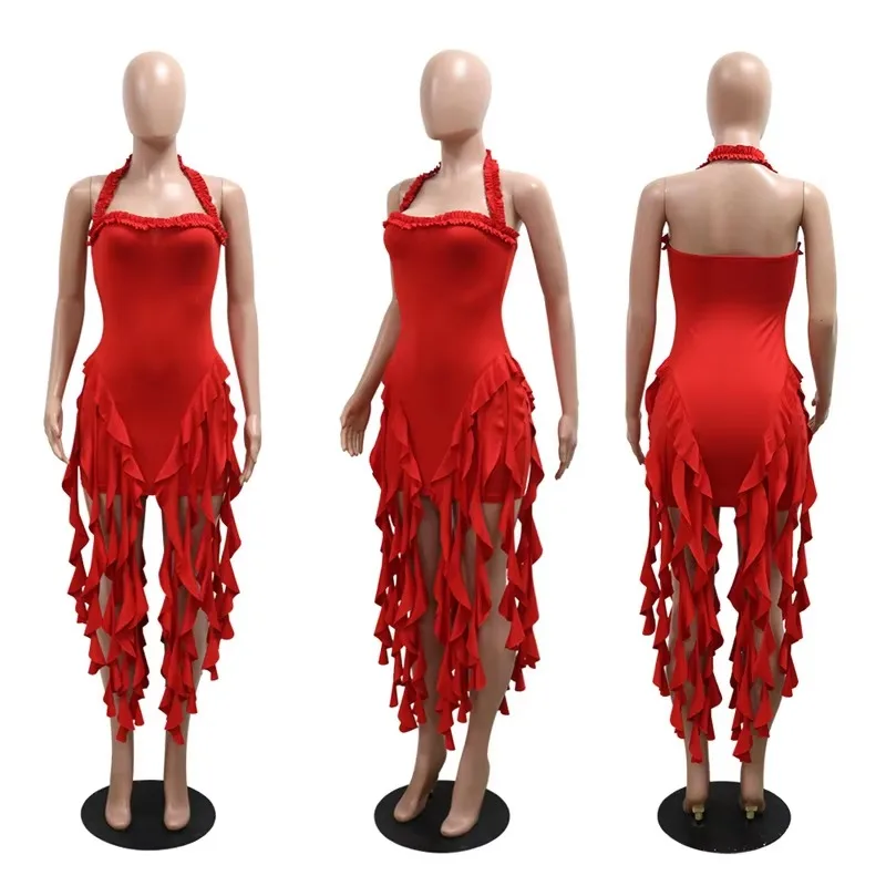 Solid Elegant Halter Backless ชุดวันเกิดสําหรับผู้หญิงเซ็กซี่ไม่สม่ําเสมอพู่ไนท์คลับมินิเดรส Robes