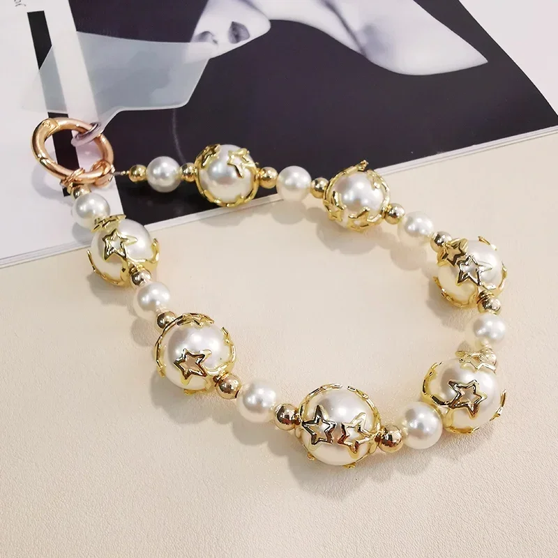 Mobile Phone Lanyard Short Wrist Pendant Five Point Star Pearl String Chain Hollow Hanging Universal Phone Case Anti Loss Sling