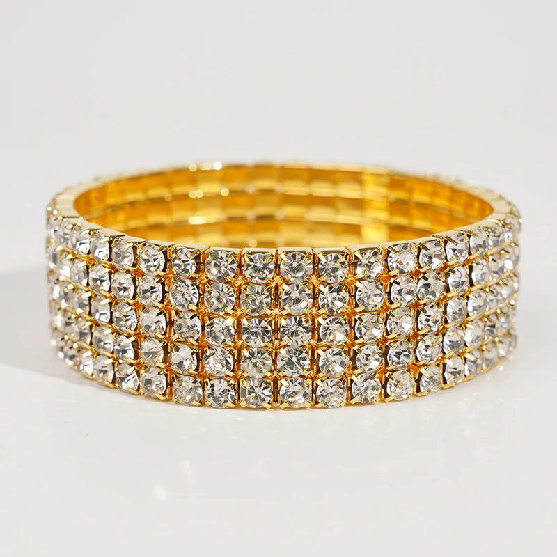 Classic Multiple Shining Rhinestone Crystal Stretch For Women Girls Bridal Wedding Wristband Elastic Bracelet Gold Silver Color