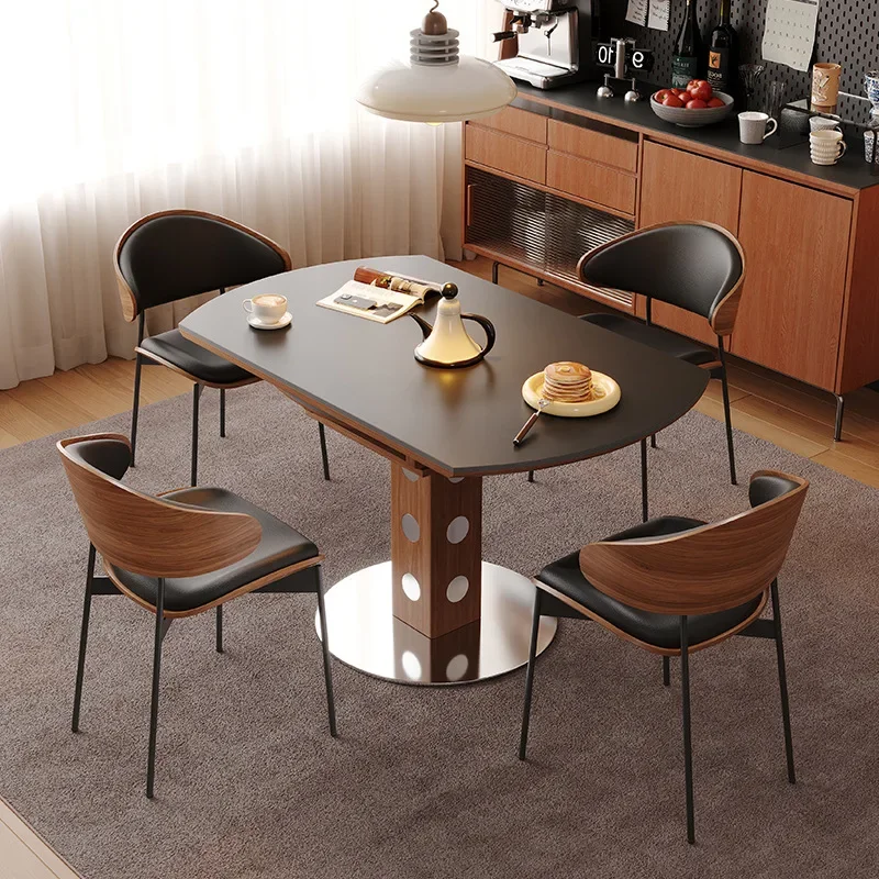Mesa de comedor de losa de roca negra, mesa redonda retráctil, mesa para comer para uso doméstico, mesa de comedor retro para apartamento pequeño