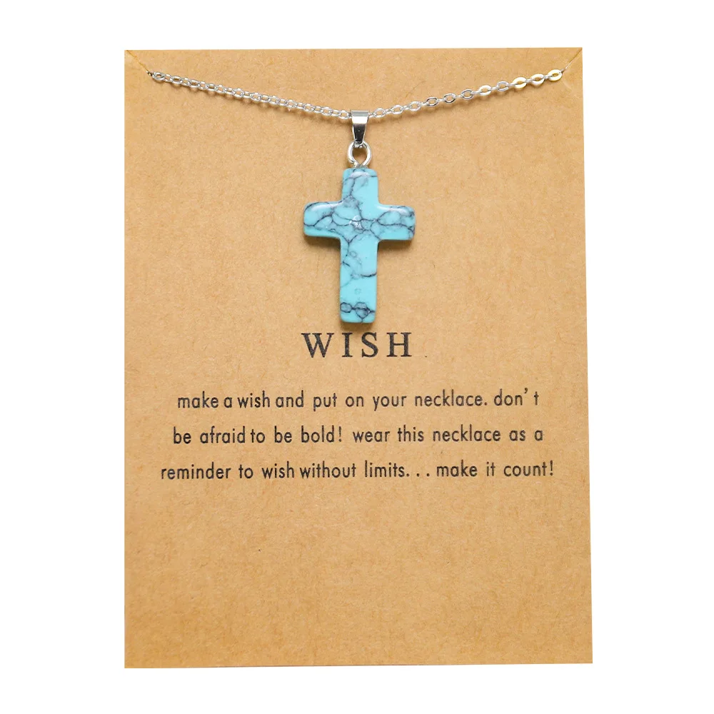 New Trendy Fashion Alloy Silver Color Wish Card Glass Natural Stone Cross Pendent Necklace for Women Girl Gift Birthday Jewelry