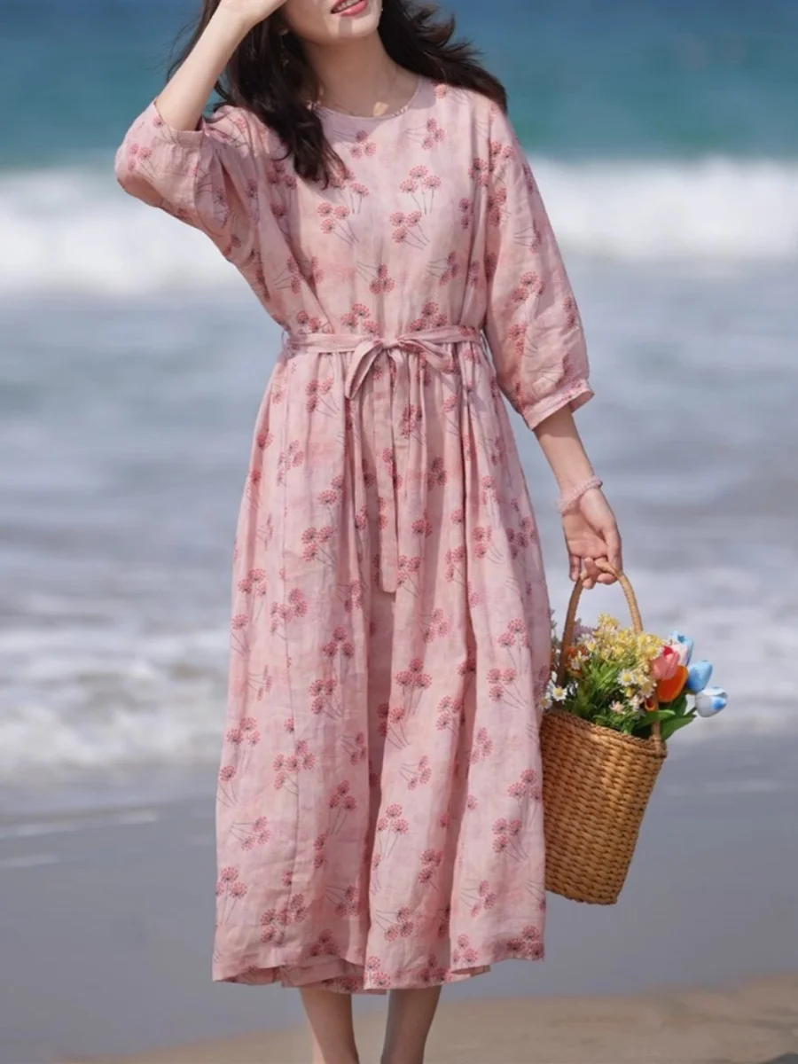 Dames été nouveau Sle décontracté coton lin Dr plage vacances jupe t-shirt quart Sve Maxi Dr imprimé fleuri coupe ample